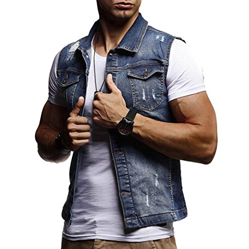 WUAI Clearance Men's Sleeveless Fashion Lapel Vintage Jeans Vest Motorcycle Jacket Waistcoat(Dark blue,US Size M = Tag L)