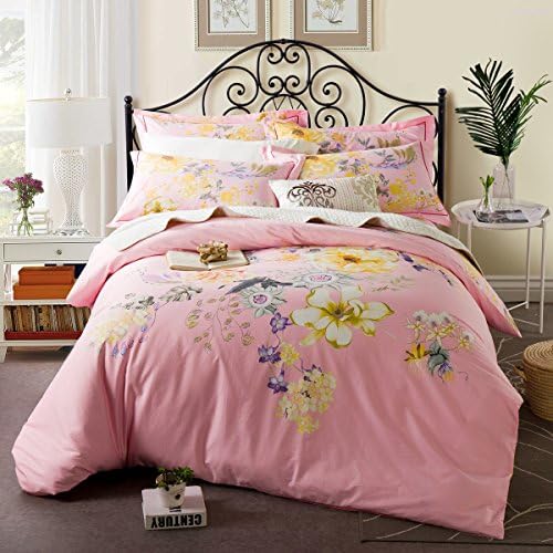 Super Soft 4-Piece Bedding Set,Wrinkle, Fade &amp; Stain Resistant Floral Pattern Cotton Four-Piece Set, Satin Active Printing Four Sets, Powder Kapok, King