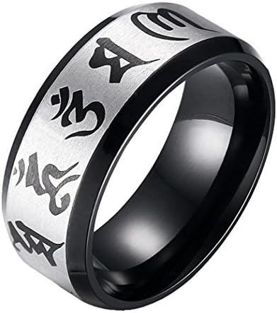 DDOLAA Jewelry 8mm Stainless Steel Six Words Mantra"Om Mani Padme Hum" Ring Religious Totem Ring