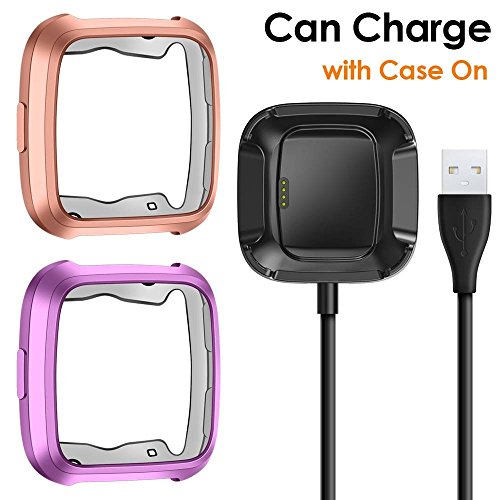 CAVN Compatible Fitbit Versa Case Charger [2 +1 Pack], TPU Bumper Protective Cover Protector + 3.3 FT Replacement Charging Cable (Can Charge Case On) Compatible Fitbit Versa Smartwatch