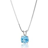 MAX + STONE 925 Sterling Silver Cushion Cut Birthstone Necklace for Women | 6mm Hypoallergenic Solitaire Necklace | Gemstone Pendant Necklaces with 18 inch Box Chain