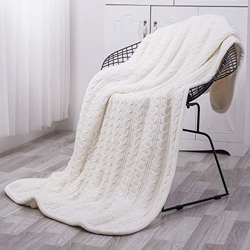 Premium Knit Sherpa Throw Blanket - 51"x 62" Reversible Fleece - Blanket for Bed and Couch - Off White Sherpa Blankets - Cream Knitted Throw Blanket