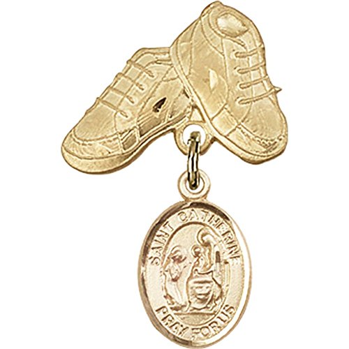Gold Filled Baby Badge with St. Catherine of Siena Charm and Baby Boots Pin 1 X 5/8 inches