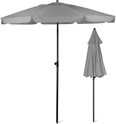 SUNMER 2M Beach Umbrella Large Tilting Parasol with UV Fabric Grey