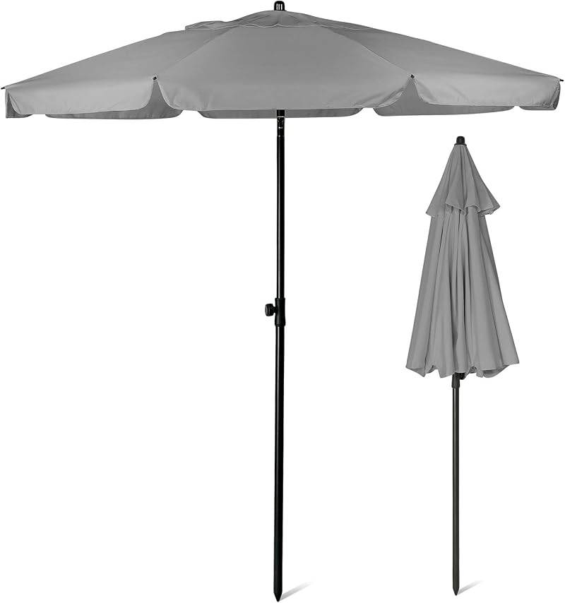 SUNMER 2M Beach Umbrella Large Tilting Parasol with UV Fabric Grey