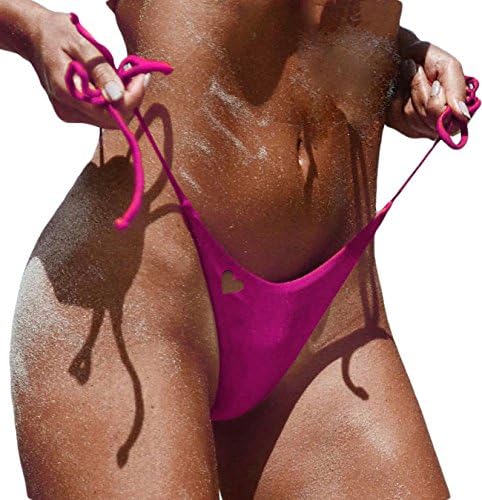 GOODBEE Womens Brazilian Cheeky Low Rise Tie-Side Heart Cut Thong Bikini Bottom Swim Shorts (L, Rose-Red)