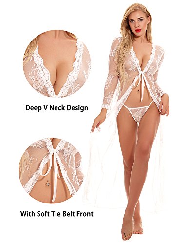 cunlin Women Sexy See Through Lace Gown Kimono Cover Up Sleepwear Set Plus Size Dress Maternity Pregnant Robe White XL