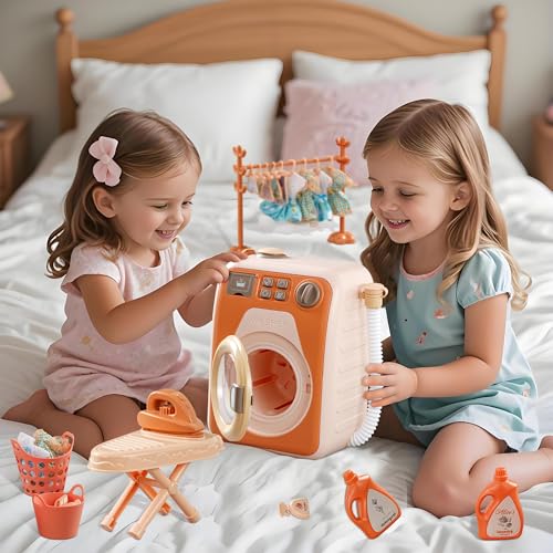 Uniiking Kids Washing Machine Toy with Real Spin & Dryer, Pretend Play Laundry Set 2 Doll Clothes 3 Clothes Rack and Lights & Sound Effects for Ages 3+ STEM Learning Gift for Girls and Boys