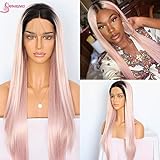 Sapphirewigs Long Dark Root Ombre Pink Color Heat Resistant Hair High Density Blogger Celebrity Daily Makeup Synthetic Lace Front Wedding Party Wigs