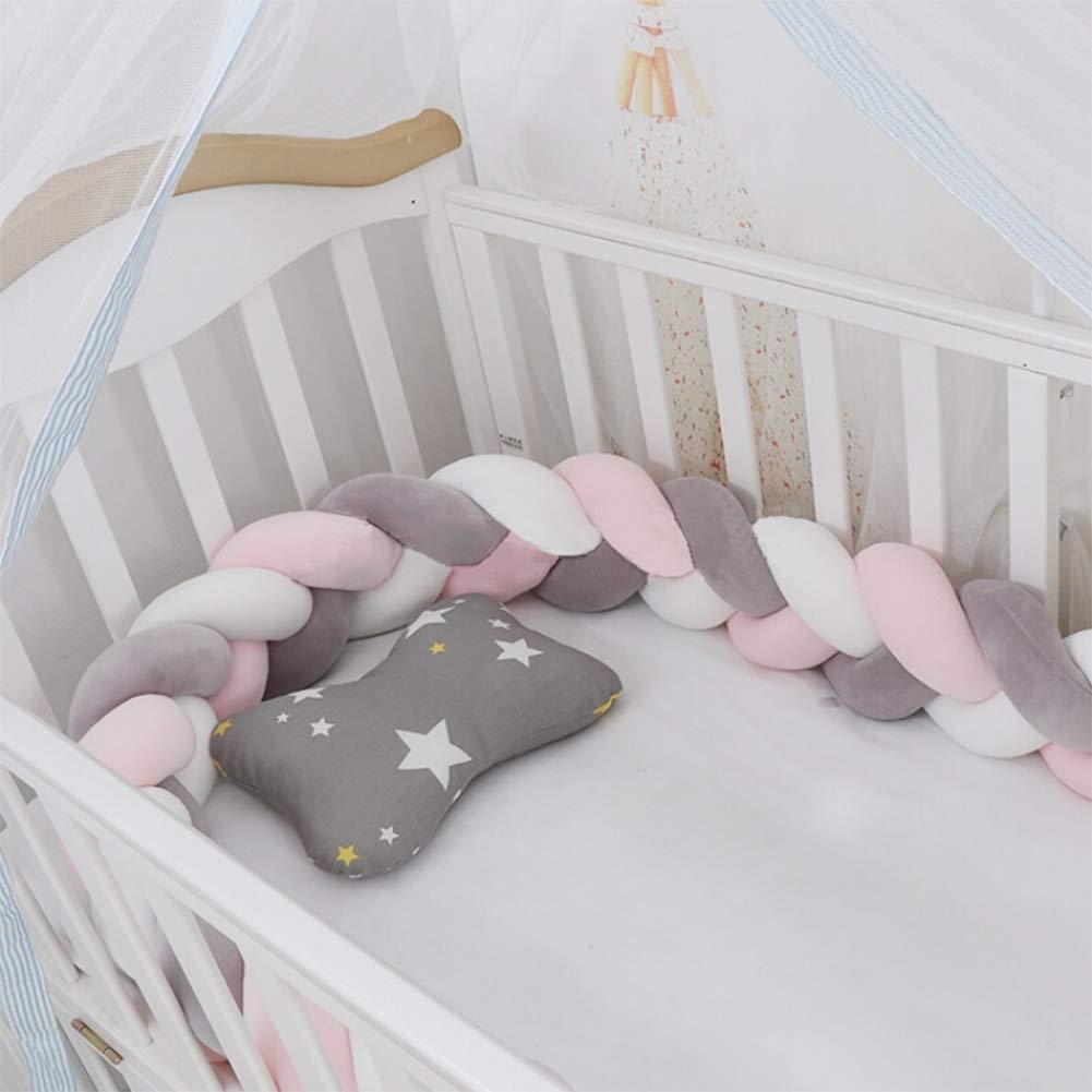 Bedside Protector, TEKI 78.7” Soft Knotted Sides Protector, Machine Washable Newborn Gift Nursery Decor for Girls Boys (Pink+White+Gray) : Baby