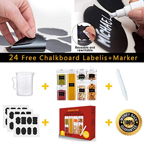 Airtight Food Storage Containers,MASSUGAR 7 Piece Set Food Storage Container + Measuring Cup + 24 Chalkboard Labels & Chalk Marker - Food Grade Durable BPA Free Cereal Containers