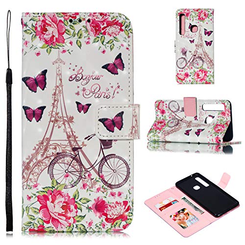 StarCity Samsung Galaxy A9 (2018) Case, [Kickstand Feature] Folio Flip Wallet Case with Wrist Strap/Card Slots/Side Pocket for Samsung Galaxy A9 (2018) / A9 Star Pro / A9s (Paris Butterfly)