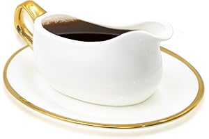 Nexboraque 14 oz Gravy Boat with Tray, White Ceramic Sauce Boat with Gold Trim Ergonomic Handle and Dripless Lip Spout for Creamer, Broth, Black Pepper, Salad Dressings