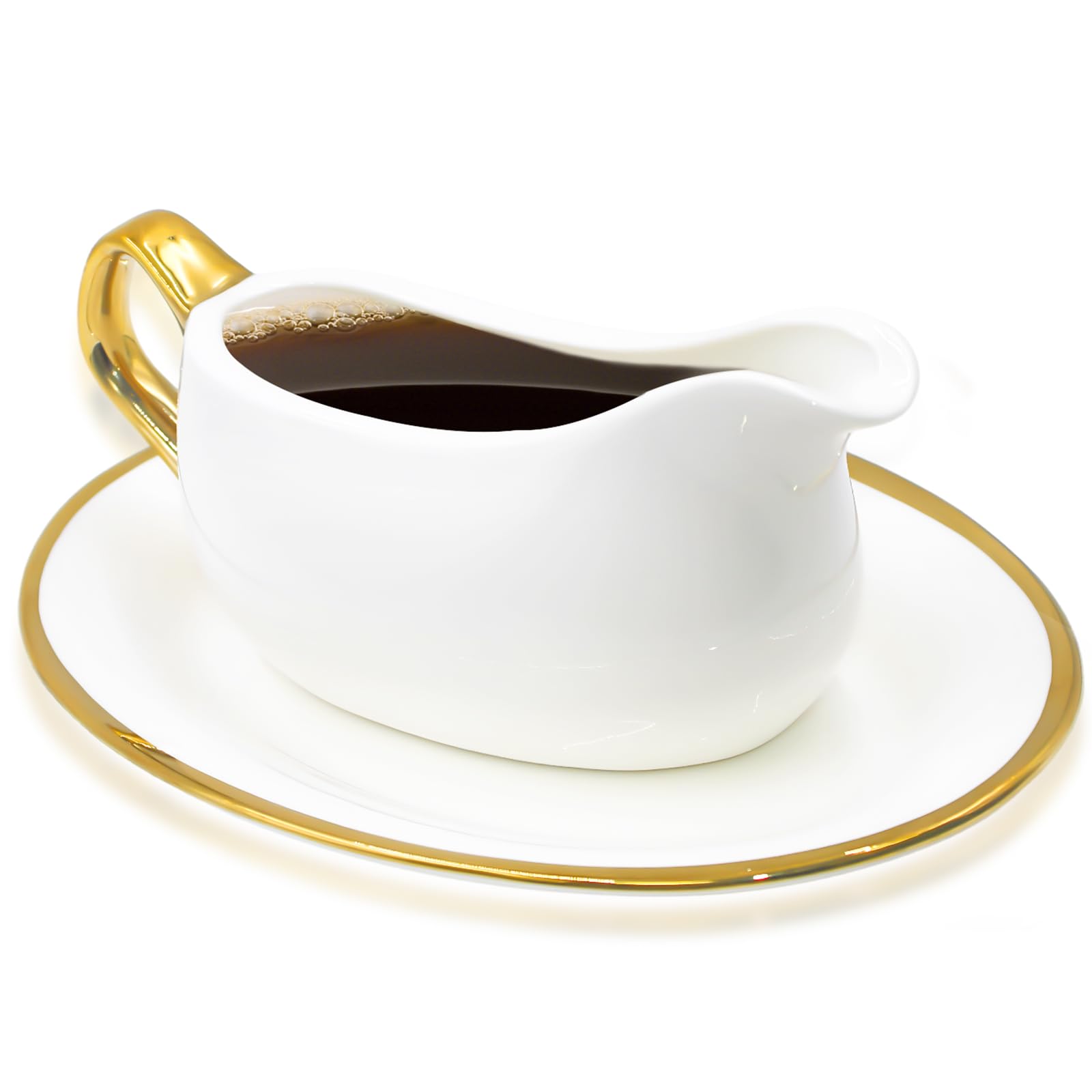 Photo 1 of *CHIPPED** Nexboraque 14 oz Gravy Boat with Tray, White Ceramic Sauce Boat with Gold Trim Ergonomic Handle and Dripless Lip Spout for Creamer, Broth, Black Pepper, Salad Dressings
