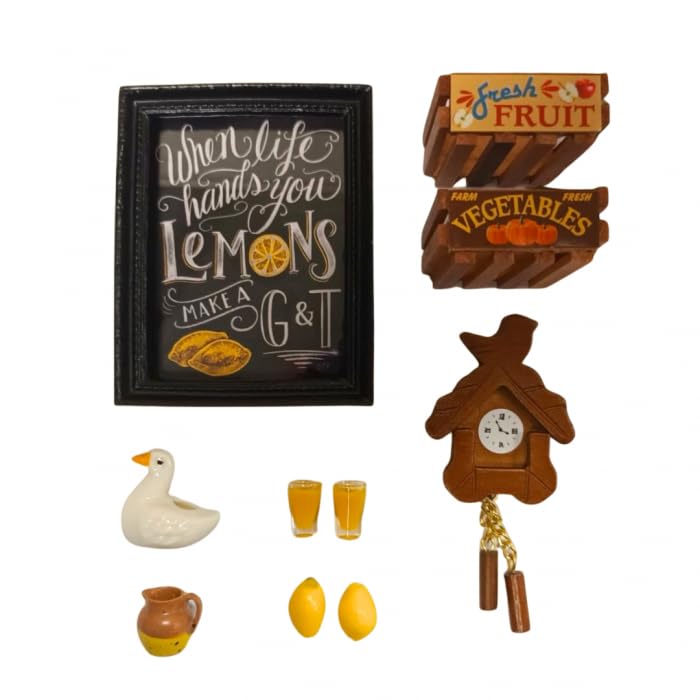 Dolls House Lemon Kitchen Accessory Pack, 1:12 Scale, Wooden Crates, Lemons, Glasses, Clock, Vase | Minimum World