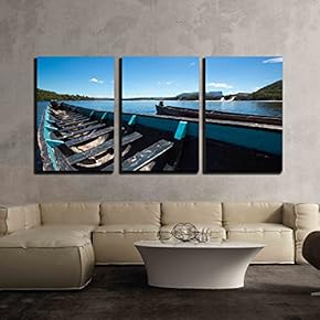 3 Piece Canvas Wall Art - Blue Wooden Boats in Front of Hacha Falls in The Lagoon - Modern Home Art Stretched and Framed Ready to Hang - 16"x24"x3 Panels