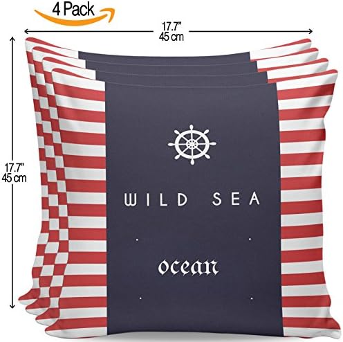 Serra Home 4-Pack Decorative Red Line Navy Blue Rudder Wild Sea Ocean, 18" x 18" Throw Pillow Covers Set Turkish New Design Linen Square Made in Turkey Patterned Cases Couch Cushion for Sofa Bedroom