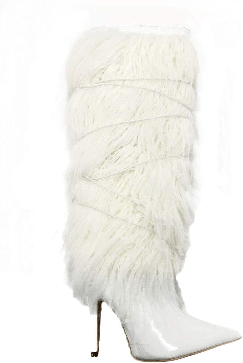 Cape Robbin Skin Deep White Patent Pointed Toe Knee High Feather Fur Dress Boots