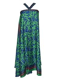 Mogul Women's Boho Magic Wrap Skirt Greene Premium Silk Sari Reversible Skirts