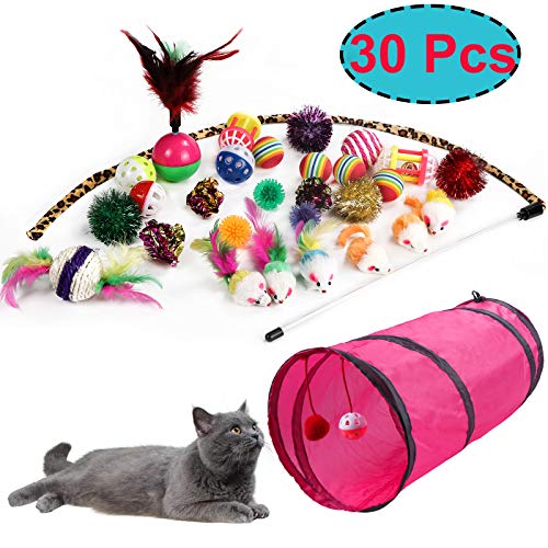 M JJYPET 30 Pcs Cat Toys Kitten Toys Assortments,2 Way Tunnel,Cat Balls with Bells,Cat Feather Toy,Cat Mice Toy,Cat Crinkle Balls,Puppy,Kitty,Kitten