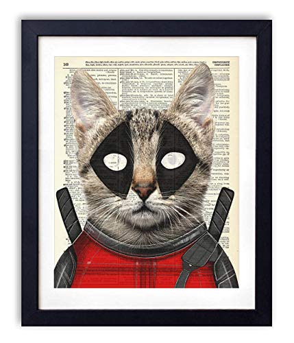Deadpool Cat - X-Men Avengers Justice League Superhero Kids Bedroom Wall Decor - Vintage Wall Art Upcycled Dictionary Art Print Poster For Kids Room Decor 8x10 inches, Unframed - Thumbnail 3