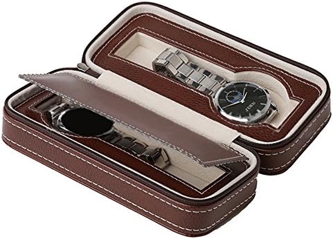 ACECLE 2 Grids Slots Watch Box Display Case Leather Watch Organizer for Men Women Travel Decorative Portable Watch Box Zipped Brown