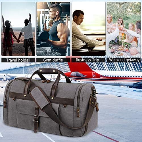 Travel Duffel Bag Waterproof Duffle Bags for Men Oversized Genuine Leather Carryon Weekend bag Canvas Overnight Bag Grey 5 Travel Duffel Bag Waterproof Duffle Bags for Men Oversized Genuine Leather Carryon Weekend bag Canvas Overnight Bag Grey