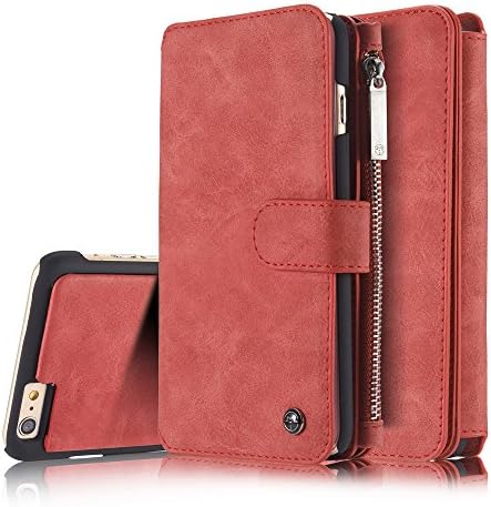 iPhone 6S Plus Case,AKHVRS Genuine Leather Wallet Case - Detachable Folio Flip Holster Case Premium Wallet Case with Credit Card and zipper Wallet Case for iPhone 6 Plus/6S Plus 5.5" (Red)