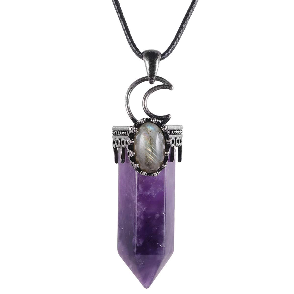 Nupuyai Vintage Moon Amethyst Crystal Point Pendant Necklace for Women, Hexagonal Stone Energy Protection Pendant with Chain