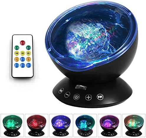 BOBOO Remote Control Ocean Wave Projector Night Light with Built-in Mini Music Player for Kids Adults Bedroom and Living Room-12 LED Beads &amp; 7 Colors Modes (black)