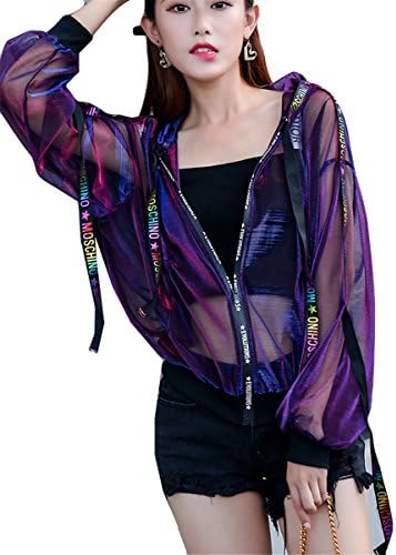 Women Girl Fashion Hooded Shiny See-Through Bandage Sunscreen Sun Protection Short Lightweight Jacket Coat