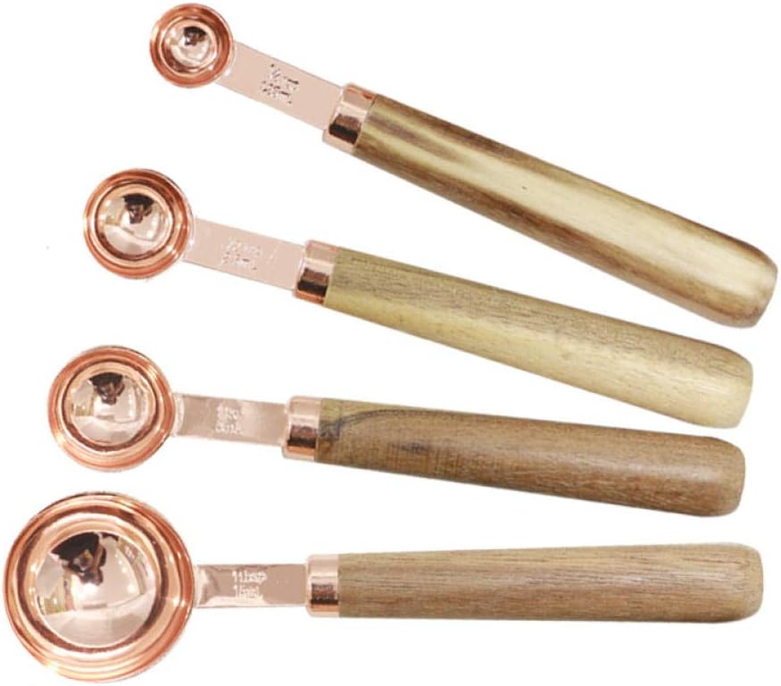 Measuring Spoons and Measuring Cups Set, Durable Stainless Steel 5 Measuring Cups and 5 Spoons Set for Baking Cooking, with Wooden handle-4-piece Measuring Spoons