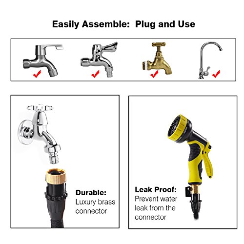 50Ft Expandable Garden Hose & Heavy Duty Hose, 2018 Leakproof Solid Strongest Triple Latex Water Hose with Free Multi Function Spray Nozzle, Sprinker, Replacement Gasket & Cable Tie, Rust Proof