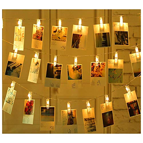 Photo Clips String Lights 6.6ft 20 LED â€œWarm Whiteâ€ Fairy Lights Battery Operated Hanging Photos Pictures Cards Display Holder Indoor Wedding Bedroom Christmas Wall Decorations