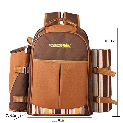 TAWA Picnic Backpack Bag for 4 Person With Cooler Compartment, Detachable Bottle/Wine Holder, Fleece Blanket, Plates and Cutlery (Coffee)