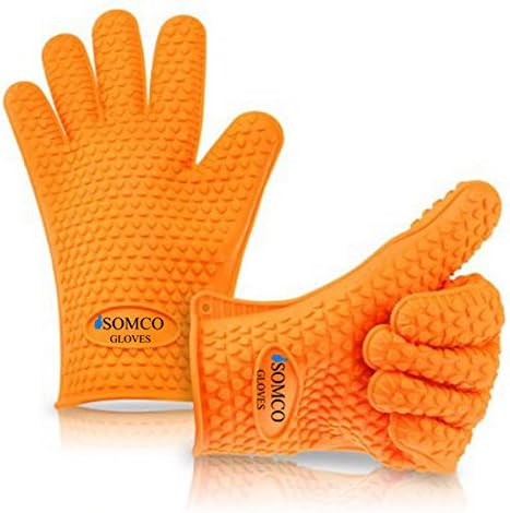 SOMCO Orange Silicone Heat Resistant Gloves, Great for Grilling, BBQ, Baking & Smoke Ovens - Safe Handling of Pots and Pans - Cooking & Baking Non-Slip Potholders