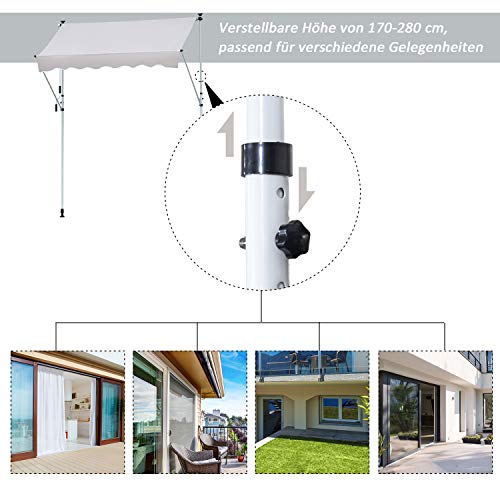 Outsunny Markise Klemmmarkise Sonnenschutz Faltarm Handkurbel Balkon Alu Cremeweiß 3x1,2cm – Bild 5