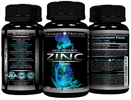 Zinc Supplement - Zinc 50mg High Potency - Zinc Oxide / Citrate - 100 count - 3 month supply (1) - Made in the USA by Honest Nature Hawaii