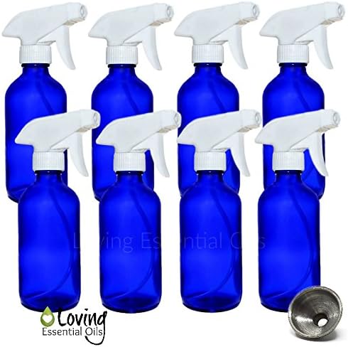 Set of 8 Glass Spray Bottle with Trigger Sprayer (Size 8 oz) By Loving Essential Oils. Great for Essential Oils, Aromatherapy, Natural Cleaning Products, Homemade DIY, Health and Wellness. (8)