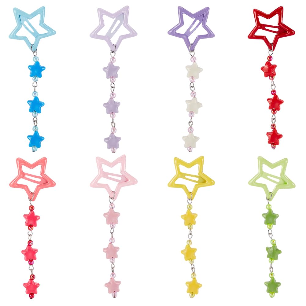 GOMAKERER 8 Pairs 8 Colors Star Hair Clips, Metal Star Hair Accessories with Star Bead Dangles Non-Slip Metal Snap Clips and Barrettes for Girls & Women