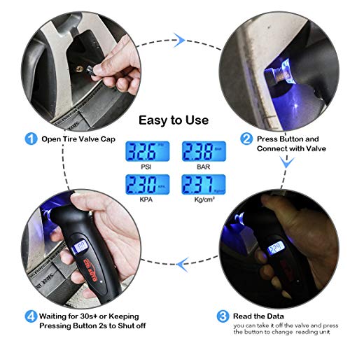 CZC AUTO Digital Tire Pressure Gauge Reader Checker 4 Settings Digital