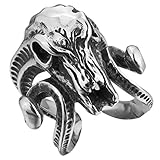 INBLUE Men's Stainless Steel Ring Silver Tone Black Goat Horn Skull Size13