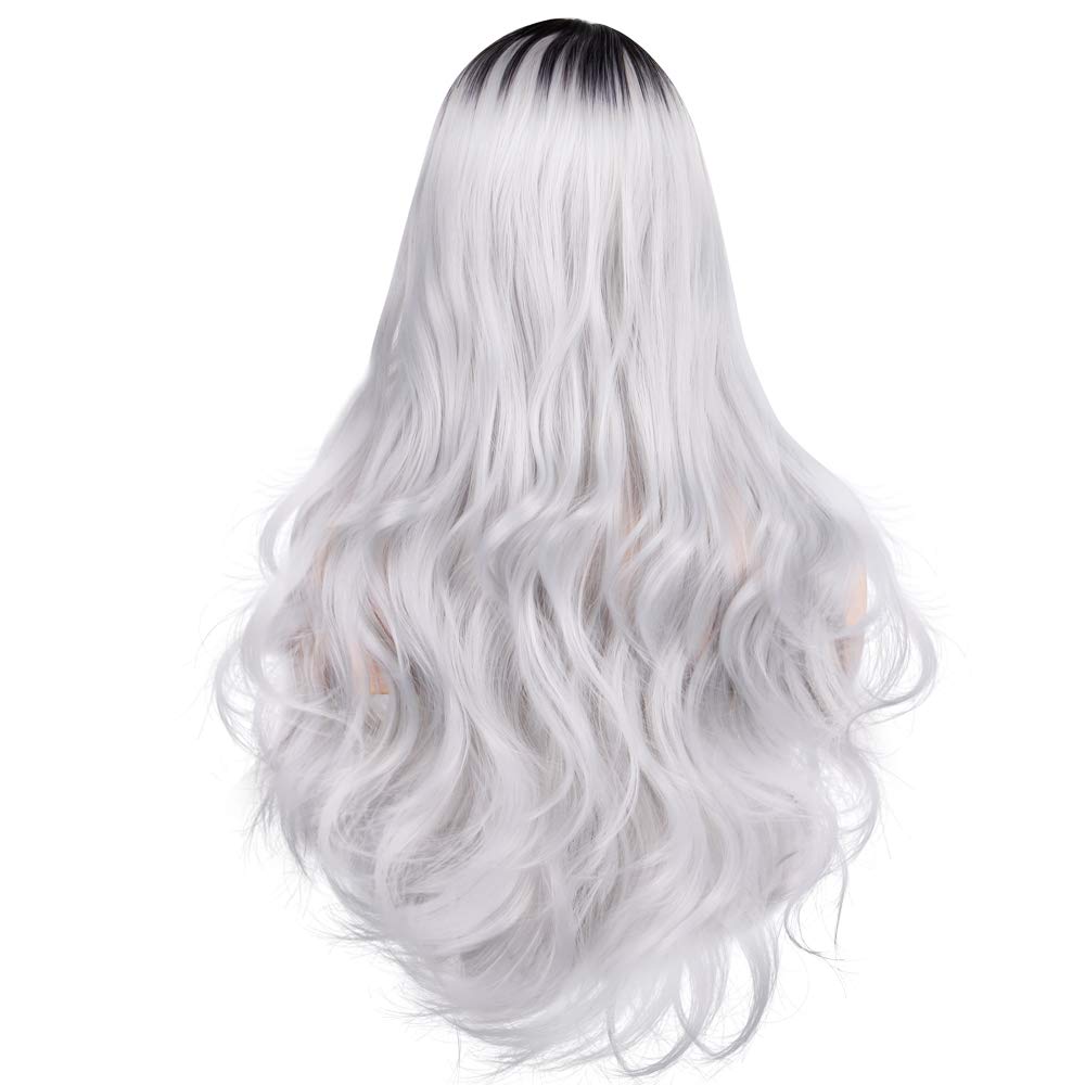 Women Long Curly Wig Silver Gray Ombre wigs Dark Roots Synthetic Heat Resistant Fiber Hair Full Wigs with Free Wig Cap