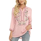 LauraKlein Women's Mexican Embroidered Tops Bohemian Clothes 3/4 Sleeve V Neck Boho Shirts Peasant Tunics Blouses
