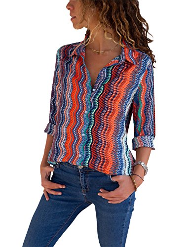 PARIS HILL Womens V Neck Button up Color Block Stripes Blouse Casual Tops Multicolor 2X Large