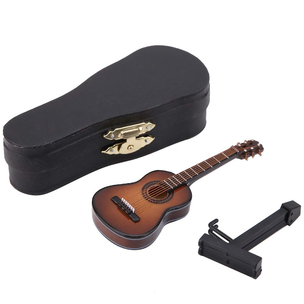 Leinggg Miniature Guitar Model, Miniature Wooden Guitar Model with Stand Support and Case Display Mini Musical Ornaments Craft Home Decor for Home Office Festival Birthday Gift(Brown 10cm)