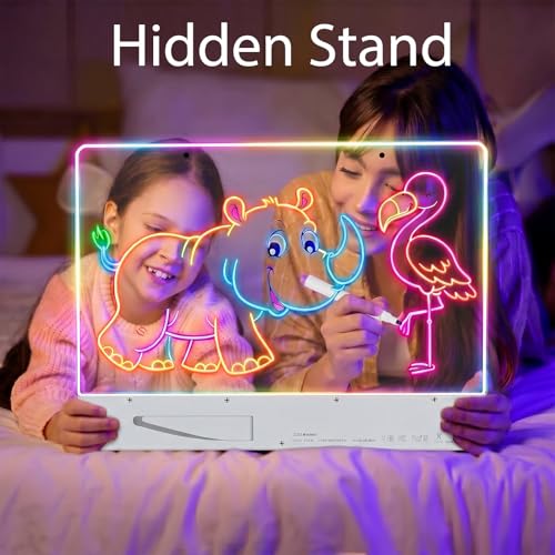Rechargeable LED Drawing Board for Children with RGB Lights, Large Acrylic Light Mat 35 x 26 cm, 8 Static Colours & 3 Dynamic Modes, Hidden Support for Tracing and Art, White