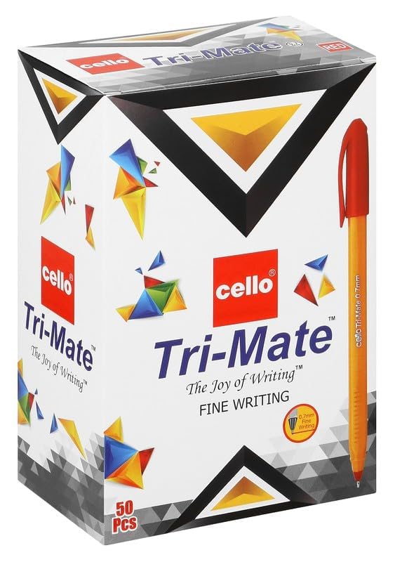 Cello Original Tri-Mate Triangular Barrel Ballpoint Pen Medium Point Biro (1.0mm) (Red, Pack of 50)