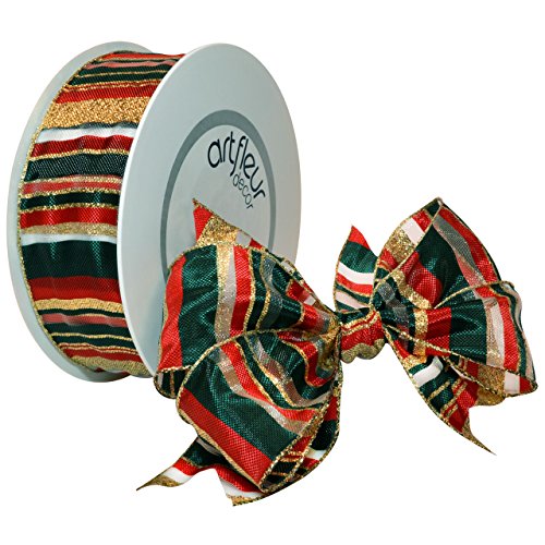 Morex Ribbon 150540-760/25 Premiere French Wired Taffeta Ribbon, 1-1/2-Inch by 27-Yard Spool, Gold, Red and Hunter Green