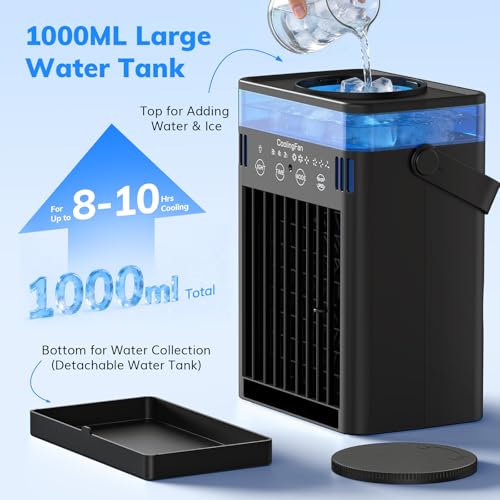Portable Air Conditioner, Mini Air Conditioner Portable Cooling Fan with Remote Control, 3 Wind Speed & 3 Mist Level & 2-8H Timer Evaporative Air Cooler for Home Office Room, Black